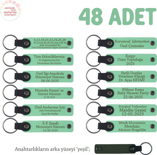 Açık Yeşil, Çocuk Partisine Özgü Kişiselleştirilmiş Anahtarlık 48’li Set, Gelen Herkese Özel Hediye