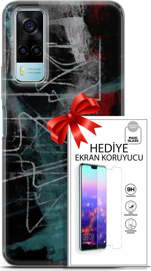 Vivo Y53S 4G Kılıf Orijinal Seri Nature 07 Gri Çizgiler Desenli Kılıf + Ön Ekran Koruyucu