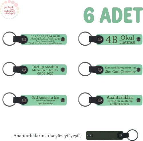Açık Yeşil & Yeşil, Anaokulu Miniklerine İsimli Karne Hatırası Anahtarlık 6’lı Set, Hediyelik Anı