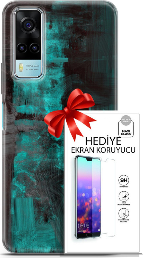 Vivo Y53S 4G Kılıf Orijinal Seri Nature 11 Yeşil Siyah 4K Baskılı Kılıf + Ekran Koruyucu Full Koruma