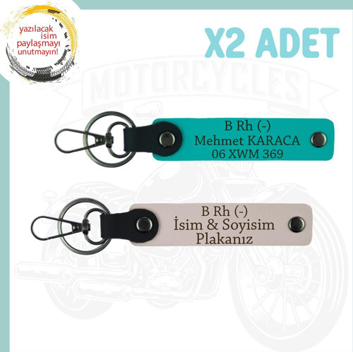 Pudra-K Turkuaz, Motora Uygun, İsim Plaka ve B Rh (-) Kan Grubu Yazılı Kişiye Özel 2'li Anahtarlık