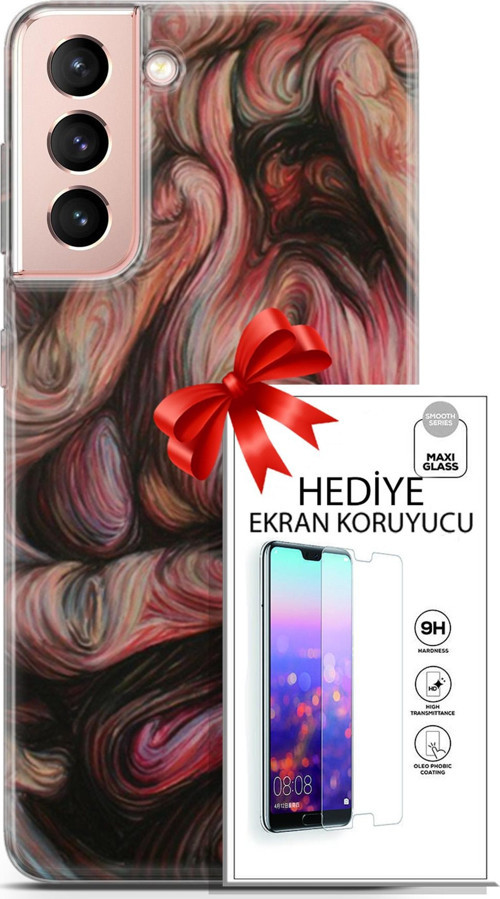 Samsung Galaxy S21 Kılıf Orijinal Seri Soul 27 Dağılmış Surat Lazer Kesim Silikon Ekran Koruyucu