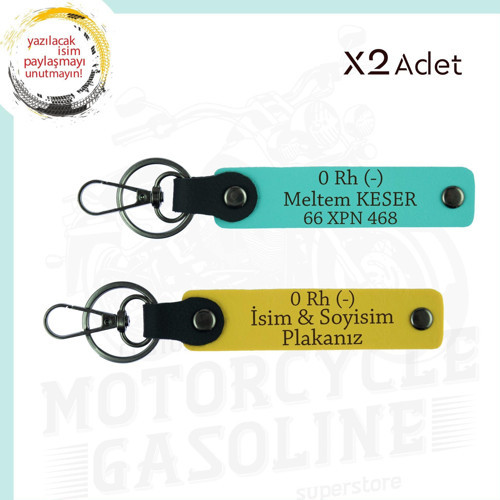 Sarı-Turkuaz, Motor Severlere, İsim Plaka ve 0 Rh (-) Kan Grubu Yazılı Özel Tasarım 2'li Anahtarlık