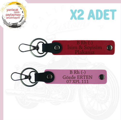 Kırmızı-Pembe, Motorsiklet Kullanıcılarına, İsim Plaka ve B Rh (-) Kan Grubu Yazılı 2'li Anahtarlık