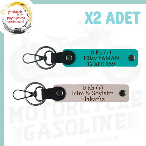 Pudra-K Turkuaz, Motora Uygun, İsim Plaka ve 0 Rh (+) Kan Grubu Yazılı Kişiye Özel 2'li Anahtarlık