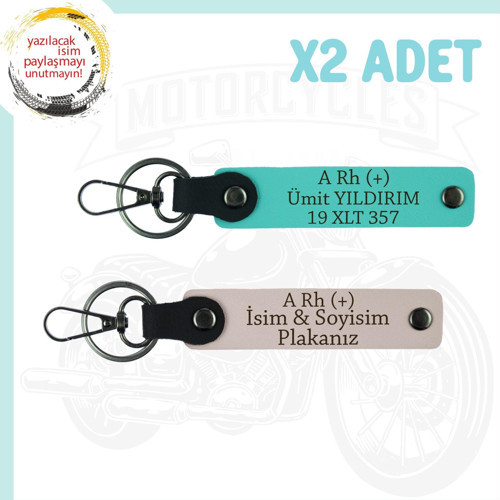 Pudra-Turkuaz, Motorcu Yolculara Özel, İsim Plaka ve A Rh (+) Kan Grubu Yazılı Deri 2'li Anahtarlık