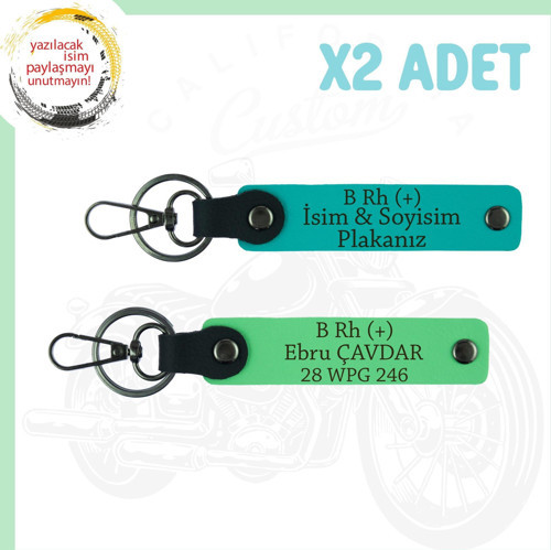 Koyu Turkuaz-Fıstık Yeşil, Motosiklet Sevene İsim Plaka ve B Rh (+) Kan Grubu Yazılı 2'li Anahtarlık