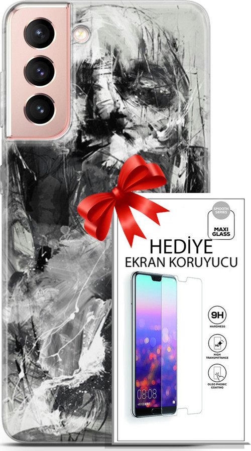 Samsung Galaxy S21 Kılıf Orijinal Seri Soul 30 Siyah Beyaz Kenarları Şeffaf Kapak Ve Ekran Koruyucu
