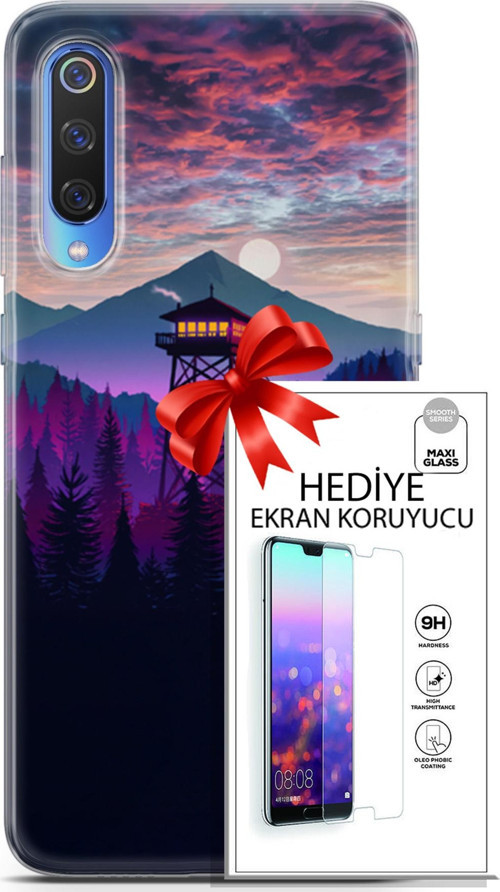 Xiaomi Mi 9 Kılıf Orijinal Seri Fantasy 17 Orman Kule Yumuşak Kılıf + Ekran Koruyucu