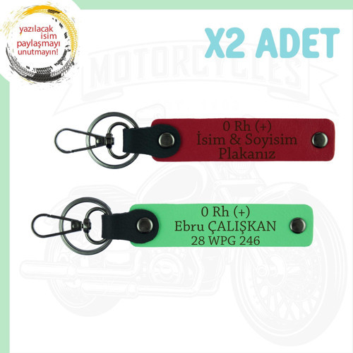 Kırmızı-F Yeşil, Motor Tutkunlarına, İsim Plaka ve 0 Rh (+) Kan Grubu Yazılı Özel 2'li Anahtarlık