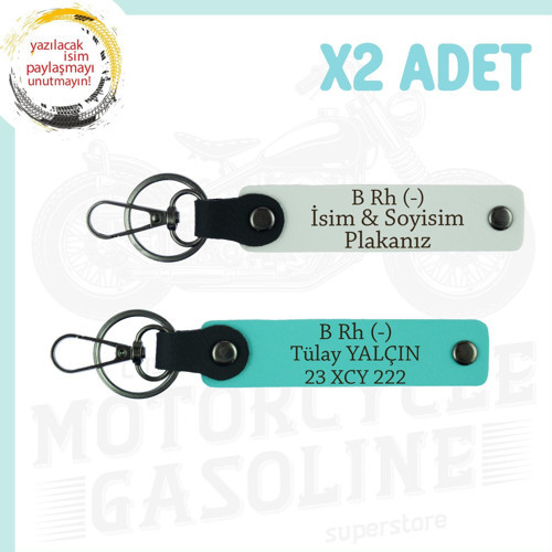 Beyaz-Turkuaz, Motor Severler İçin İsim Plaka ve B (-) Kan Grubu Yazılı Özel Tasarım 2'li Anahtarlık