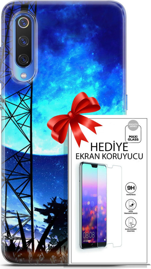 Xiaomi Mi 9 Kılıf Orijinal Seri Fantasy 24 Mavi Ay Darbe Emici Kılıf + Ekran Koruyucu
