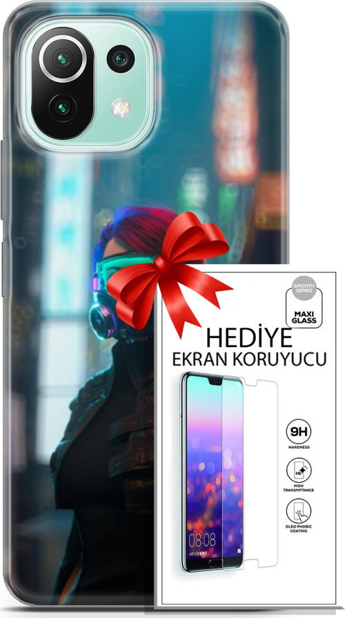 Xiaomi 11 Lite 5G Ne Kılıf Orijinal Seri Cyberpunk 04 Vr Glass Silikon Kılıf + Ekran Koruyucu Full Koruma