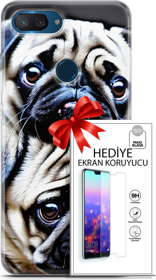 Xiaomi Mi 8 Lite Kılıf Orijinal Seri Dogs 20 İkili Pug Renkli Kılıf Ekran Koruyucu