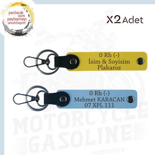 Sarı-Gök Mavi, Hız Severlere Özel, İsim Plaka ve 0 Rh (-) Kan Grubu Yazılı Deri 2'li Anahtarlık Set