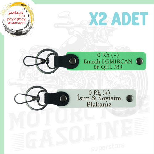 Beyaz-Fıstık Yeşil, Motorcu Arkadaşlara, İsim Plaka ve 0 Rh+ Kan Grubu Yazılı Acil Durum Anahtarlığı