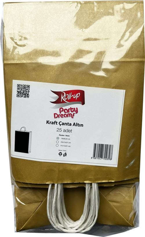 Büküm Saplı Kraft Kağıt Karton Hediye Çanta Poşet Torba - Gold - 25x31 Cm. - 25 Adetlik 2 Paket