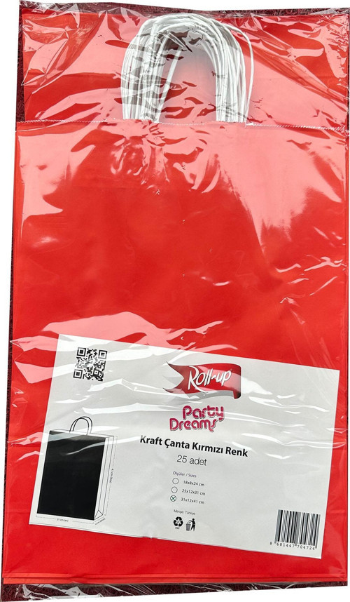 Büküm Saplı Kraft Kağıt Çanta Karton Hediyelik Poşet Torba - Kırmızı - 31x41 Cm. - 25 Adetlik Paket