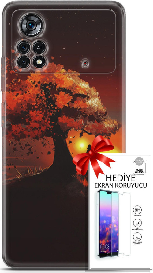 Xiaomi Poco X4 Pro 5G Kılıf Orijinal Seri Algorand 12 Ağaç Altında Tasarım Kılıf + Ekran Koruyucu