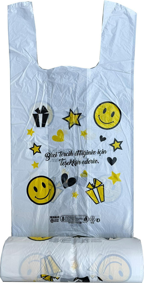 Gülen Yüz Baskılı Rulo Şeffaf Market Poşet Torba - Hışır Atlet Poşet - Büyük Boy - 100 Adet
