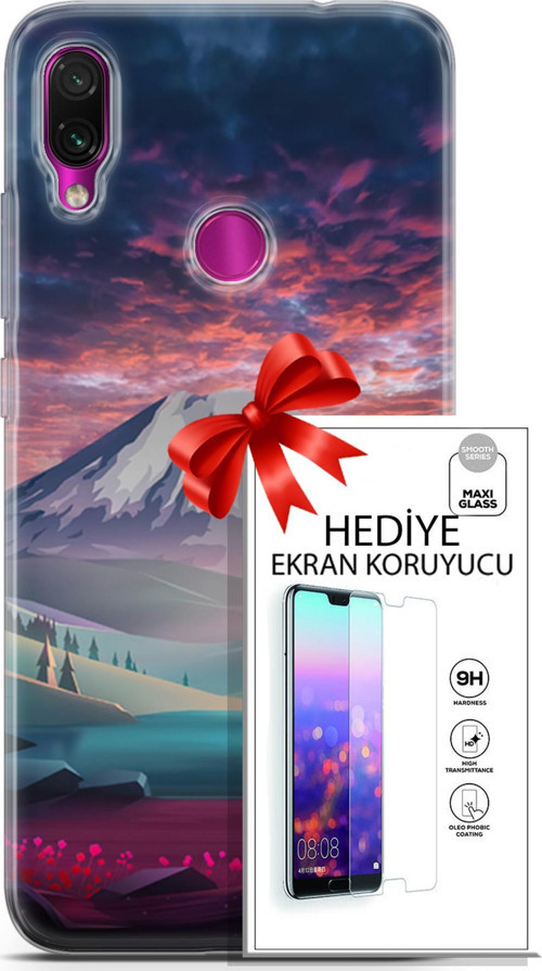 Xiaomi Redmi Note 7 Kılıf Orijinal Seri Fantasy 14 Karlı Dağ Cover Kılıf + Ön Ekran Koruyucu
