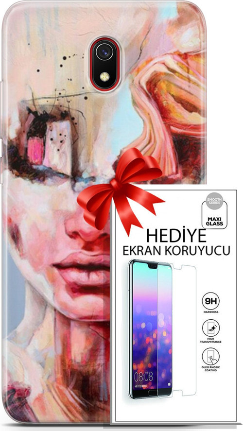 Xiaomi Redmi 8A Kılıf Orijinal Seri Soul 14 Beyaz Kırmızı Cover Kılıf + Ön Ekran Koruyucu