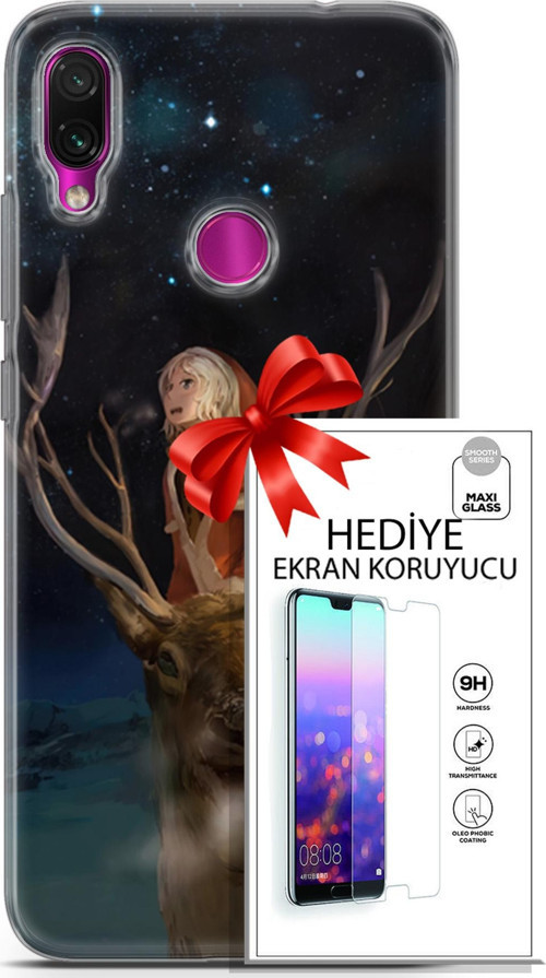 Xiaomi Redmi Note 7 Kılıf Orijinal Seri Fantasy 18 Geyik Kız Parlak Kılıf + Ekran Koruyucu Full Koruma
