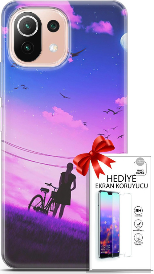 Xiaomi Mi 11 Lite Kılıf Orijinal Seri Algorand 28 Bisikletli Kız İz Bırakmayan Kılıf + Ön Ekran Koruyucu