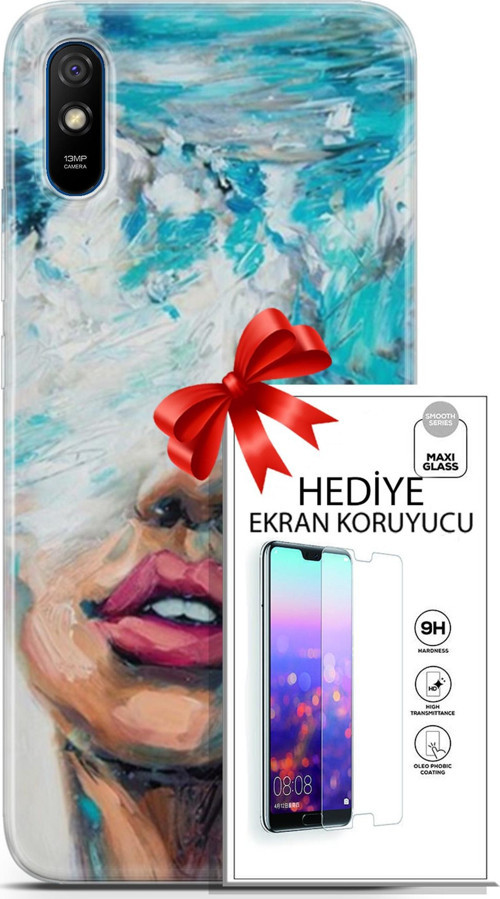 Xiaomi Redmi 9A Kılıf Orijinal Seri Soul 12 Beyaz Mavi Tasarım Kılıf + Ekran Koruyucu