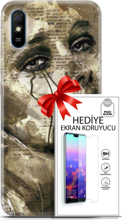 Xiaomi Redmi 9A Kılıf Orijinal Seri Soul 17 Ağlayan Yüz Yumuşak Kılıf + Ekran Koruyucu