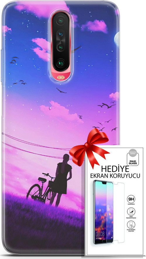 Xiaomi Poco X2 Kılıf Orijinal Seri Algorand 28 Bisikletli Kız İz Bırakmayan Kılıf + Ön Ekran Koruyucu