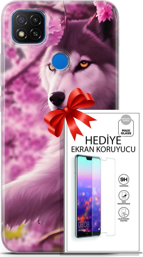 Xiaomi Redmi 10A Kılıf Orijinal Seri Dogs 02 Çiçekler Ve Kurt Kapak Ve Ekran Koruyucu