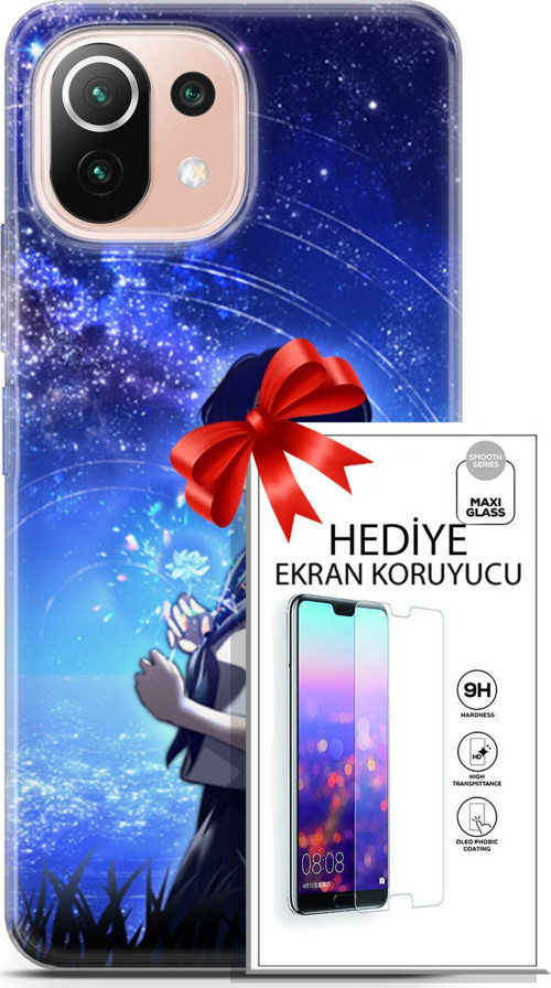 Xiaomi Mi 11 Lite Kılıf Orijinal Seri Fantasy 01 Çiçekli Kız Telefon Kılıfı + Ekran Koruyucu
