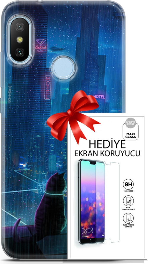 Xiaomi Mi A2 Lite Kılıf Orijinal Seri Cyberpunk 16 Cyber Cat Hediyelik Kılıf Ve Ekran Koruyucu