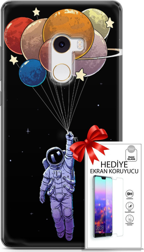 Xiaomi Mi Mix 2 Kılıf Orijinal Seri Algorand 07 Uçan Balon Astronot Desenli Kılıf + Ön Ekran Koruyucu