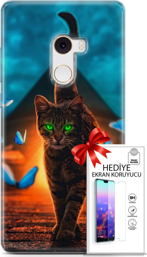 Xiaomi Mi Mix 2 Kılıf Orijinal Seri Algorand 09 Yeşil Neon Kedi Uv Kılıf Ve Ekran Koruyucu