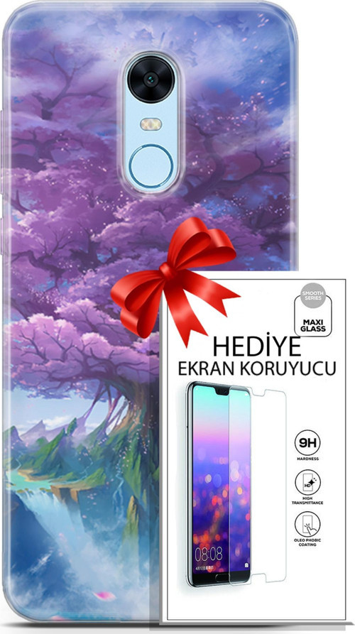 Xiaomi Redmi 5 Plus Kılıf Orijinal Seri Fantasy 27 Bahar Ağaç Lazer Kesim Silikon Ekran Koruyucu
