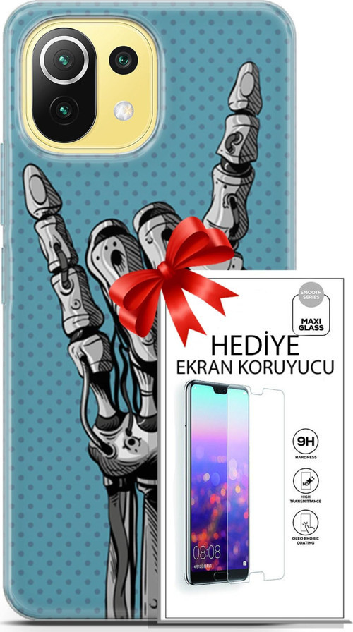 Xiaomi 11 Lite 5G Kılıf Orijinal Seri Cyberpunk 07 Robot Eli Desenli Kılıf + Ön Ekran Koruyucu