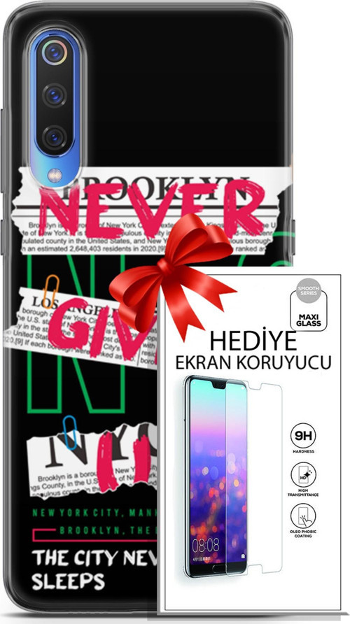 Xiaomi Mi 9 Kılıf Orijinal Seri Punky 21 Never Give Up Darbe Önleyici Kapak + Ön Ekran Koruyucu