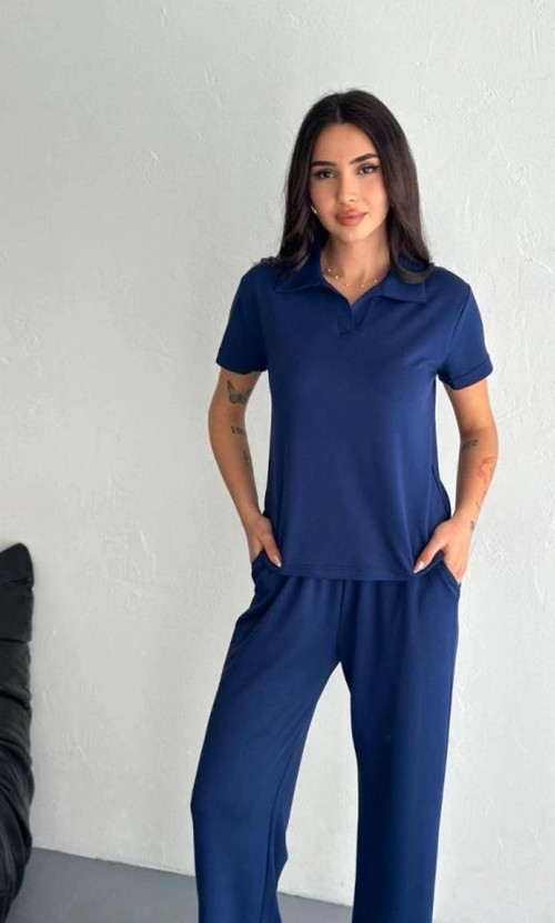 Osy Modal Yumuşak Dokulu Kumaş Kısa Kollu Yakalı T-shirt Pantalon Ikili Takım- Lacivert