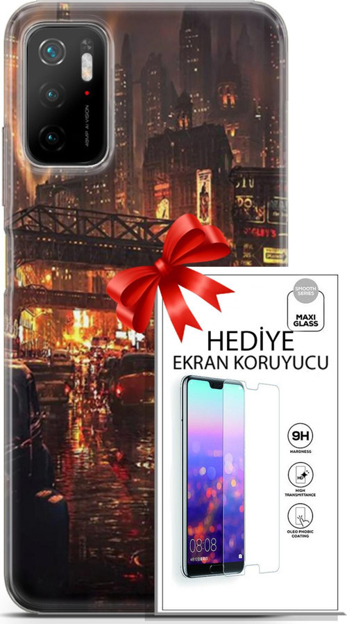 Xiaomi Poco M3 Pro Kılıf Orijinal Seri Cyberpunk 23 Gökdelenler Telefon Kabı Ve Ekran Koruyucu