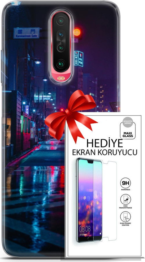 Xiaomi Poco X2 Kılıf Orijinal Seri Cyberpunk 15 Neon Cadde Kalın Silikon + Ekran Koruyucu