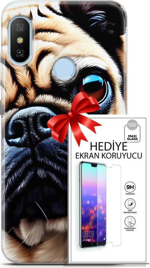 Xiaomi Mi A2 Lite Kılıf Orijinal Seri Dogs 08 Pug Baskılı Kılıf + Ekran Koruyucu