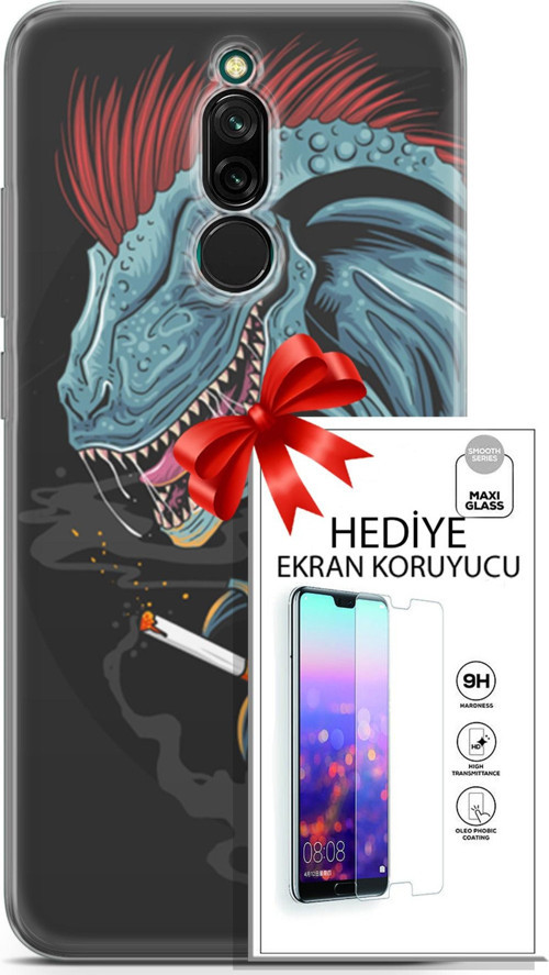 Xiaomi Redmi 8 Kılıf Orijinal Seri Punky 19 Dinozor Punk Tam Koruma Kılıf + Ekran Koruyucu