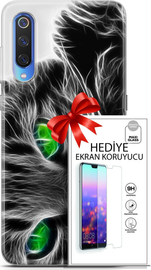 Xiaomi Mi 9 Kılıf Orijinal Seri Scotish-British 27 Yeşil Gözlü Kedi Lazer Kesim Silikon Ekran Koruyucu