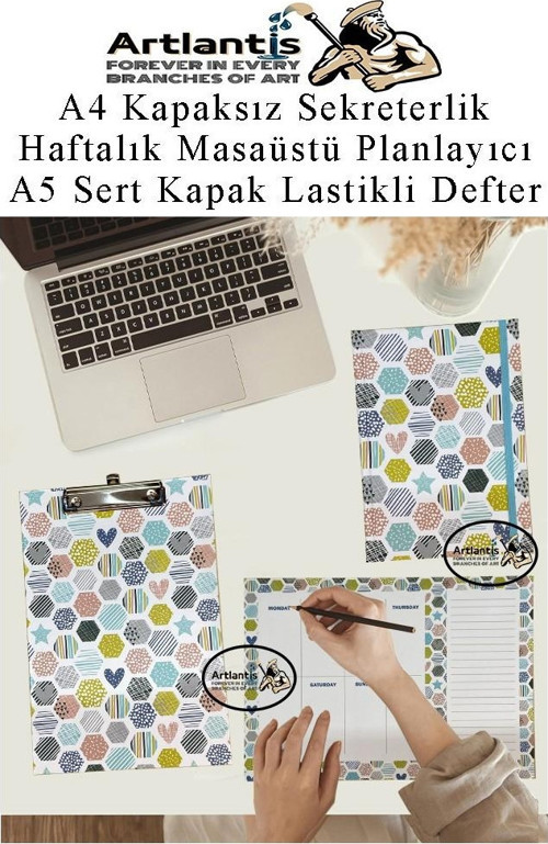 Desenli A4 Kapaksız Sekreterlik Masaüstü Haftalık Planlayıcı ve A5 Sert Kapak Lastikli Defter Planner Planlama Seti Ofis