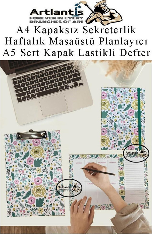 Desenli A4 Kapaksız Sekreterlik Masaüstü Haftalık Planlayıcı ve A5 Sert Kapak Lastikli Defter Planner Planlama Seti Ofis