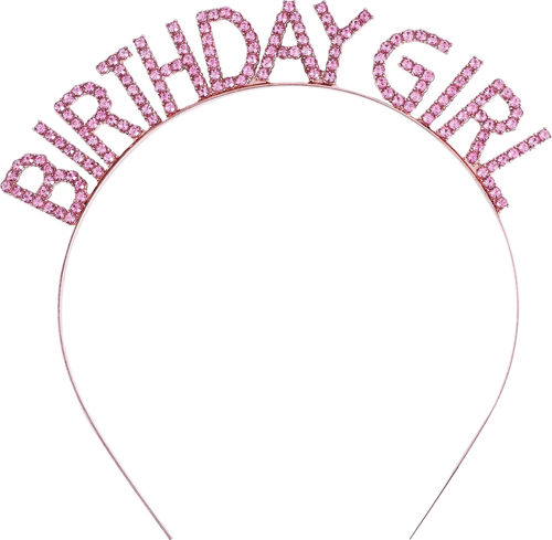 Pembe Renk Kristal Taşlı Parlak Birthday Girl Yazılı Taç 16x17 Cm