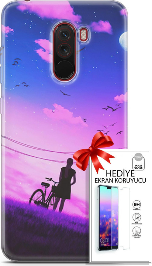 Xiaomi Pocophone F1 Kılıf Orijinal Seri Algorand 28 Bisikletli Kız İz Bırakmayan Kılıf + Ön Ekran Koruyucu