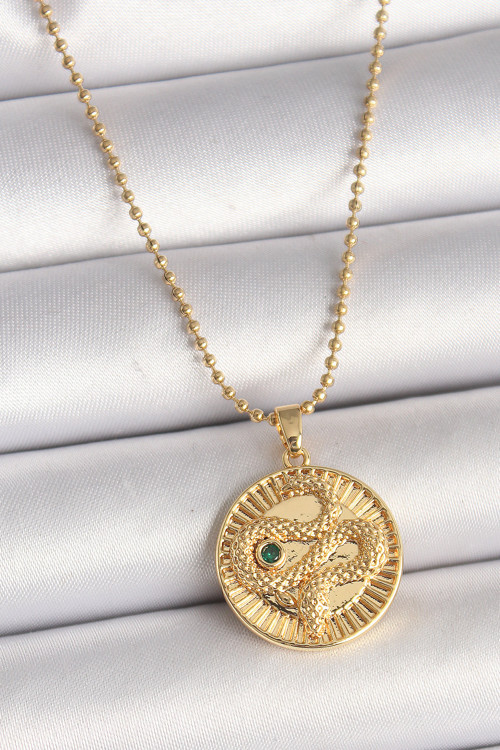 Gold Renk Topçuk Zincir Yılan İşlemeli Zirkon Taş Detaylı Madalyon Model Kadın Kolye - EBJ250301W31338